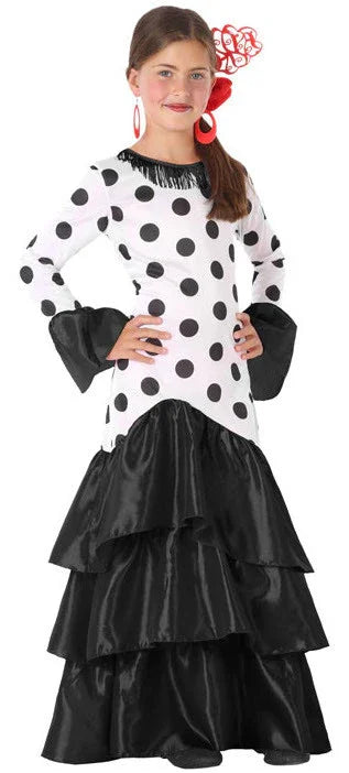 Disfraz de Flamenca Blanco con Volantes Negros Infantil Sevillanas Atosa